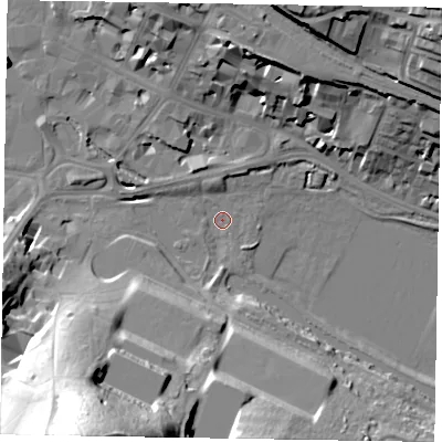 Shaded relief map of the ground around HP111PD, computed from Environment Agency LiDAR. The ground here sits at about 66 m above sea level and falls 57 m across the surrounding 800 m. Surface water reaching this point runs off ground lying to the south-south-west, 57.2 m higher.