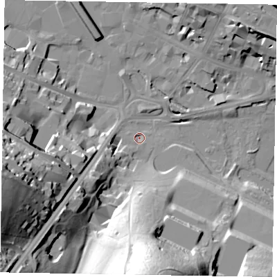 Shaded relief map of the ground around HP111PE, computed from Environment Agency LiDAR. The ground here sits at about 68 m above sea level and falls 59 m across the surrounding 800 m. Surface water reaching this point runs off ground lying to the south-west, 5.1 m higher.