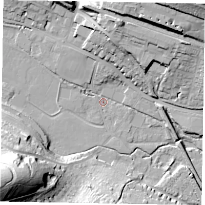 Shaded relief map of the ground around HP111QU, computed from Environment Agency LiDAR. The ground here sits at about 61 m above sea level and falls 60 m across the surrounding 800 m. Surface water reaching this point runs off ground lying to the south-west, 45.2 m higher.