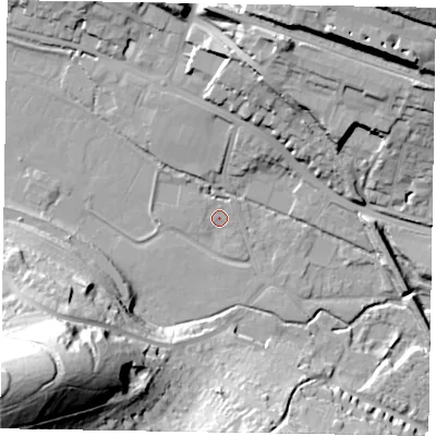 Shaded relief map of the ground around HP111QX, computed from Environment Agency LiDAR. The ground here sits at about 62 m above sea level and falls 66 m across the surrounding 800 m. Surface water reaching this point runs off ground lying to the north-north-west, 6.6 m higher.