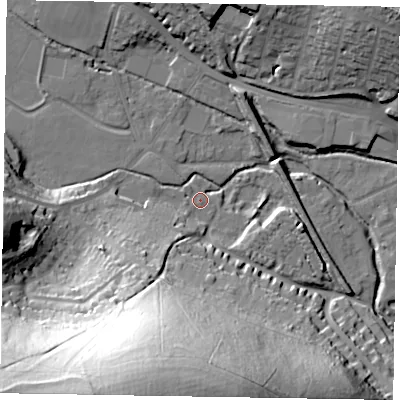 Shaded relief map of the ground around HP111QZ, computed from Environment Agency LiDAR. The ground here sits at about 61 m above sea level and falls 75 m across the surrounding 800 m. Surface water reaching this point runs off ground lying to the south-south-west, 72.2 m higher.