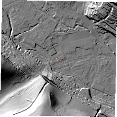 Shaded relief map of the ground around HP111RW, computed from Environment Agency LiDAR. The ground here sits at about 57 m above sea level and falls 67 m across the surrounding 800 m. Surface water reaching this point runs off ground lying to the south-south-west, 63.8 m higher.