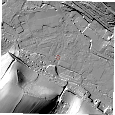 Shaded relief map of the ground around HP111SE, computed from Environment Agency LiDAR. The ground here sits at about 55 m above sea level and falls 77 m across the surrounding 800 m. Surface water reaching this point runs off ground lying to the south-west, 74.1 m higher.