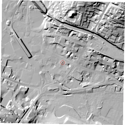 Shaded relief map of the ground around HP112AG, computed from Environment Agency LiDAR. The ground here sits at about 69 m above sea level and falls 59 m across the surrounding 800 m. Surface water reaching this point runs off ground lying to the north-north-east, 17.1 m higher.