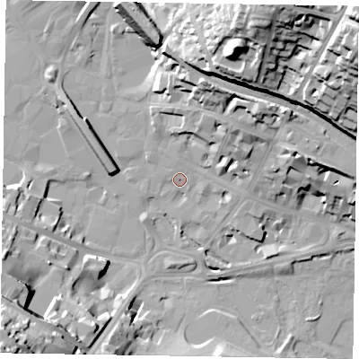 Shaded relief map of the ground around HP112AR, computed from Environment Agency LiDAR. The ground here sits at about 69 m above sea level and falls 53 m across the surrounding 800 m. Surface water reaching this point runs off ground lying to the north-north-east, 17.1 m higher.
