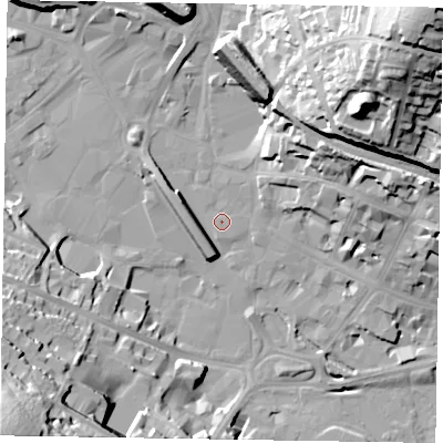 Shaded relief map of the ground around HP112AW, computed from Environment Agency LiDAR. The ground here sits at about 69 m above sea level and falls 57 m across the surrounding 800 m. The ground contributing surface water to this point lies to the north.