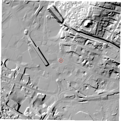 Shaded relief map of the ground around HP112AX, computed from Environment Agency LiDAR. The ground here sits at about 69 m above sea level and falls 53 m across the surrounding 800 m. Surface water reaching this point runs off ground lying to the north-east, 15.5 m higher.
