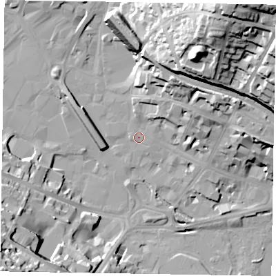 Shaded relief map of the ground around HP112AY, computed from Environment Agency LiDAR. The ground here sits at about 69 m above sea level and falls 53 m across the surrounding 800 m. Surface water reaching this point runs off ground lying to the north-east, 15.5 m higher.