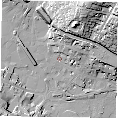 Shaded relief map of the ground around HP112AZ, computed from Environment Agency LiDAR. The ground here sits at about 70 m above sea level and falls 56 m across the surrounding 800 m. Surface water reaching this point runs off ground lying to the north-east, 9.5 m higher.