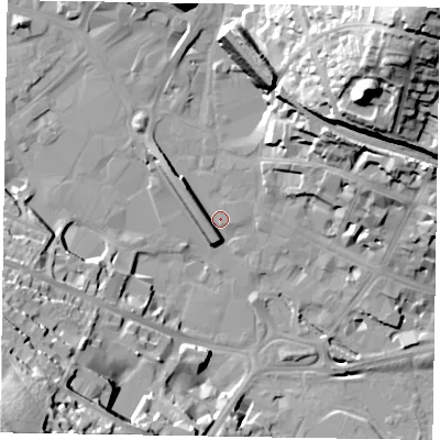 Shaded relief map of the ground around HP112BJ, computed from Environment Agency LiDAR. The ground here sits at about 69 m above sea level and falls 62 m across the surrounding 800 m. Surface water reaching this point runs off ground lying to the north-east, 48.5 m higher.