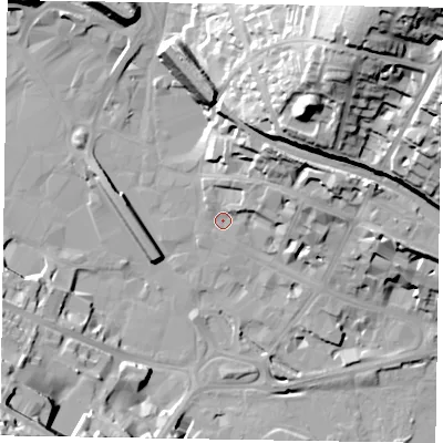 Shaded relief map of the ground around HP112BN, computed from Environment Agency LiDAR. The ground here sits at about 69 m above sea level and falls 59 m across the surrounding 800 m. Surface water reaching this point runs off ground lying to the north-east, 15.2 m higher.