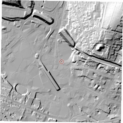 Shaded relief map of the ground around HP112BP, computed from Environment Agency LiDAR. The ground here sits at about 70 m above sea level and falls 58 m across the surrounding 800 m. Surface water reaching this point runs off ground lying to the east-north-east, 39.3 m higher.