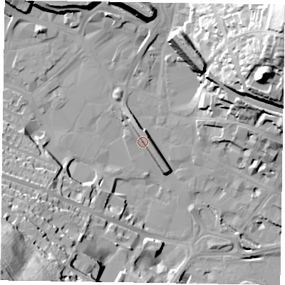Shaded relief map of the ground around HP112BQ, computed from Environment Agency LiDAR. The ground here sits at about 71 m above sea level and falls 66 m across the surrounding 800 m. Surface water reaching this point runs off ground lying to the east-south-east, 5.5 m higher.