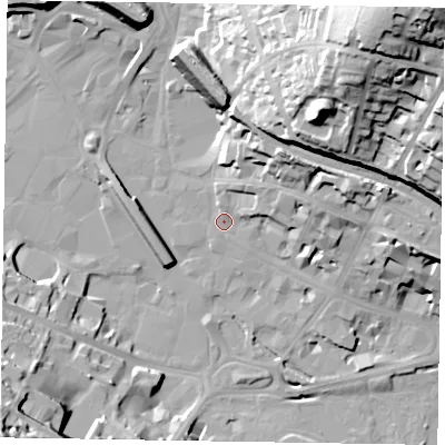 Shaded relief map of the ground around HP112BW, computed from Environment Agency LiDAR. The ground here sits at about 70 m above sea level and falls 59 m across the surrounding 800 m. Surface water reaching this point runs off ground lying to the east-north-east, 15.2 m higher.