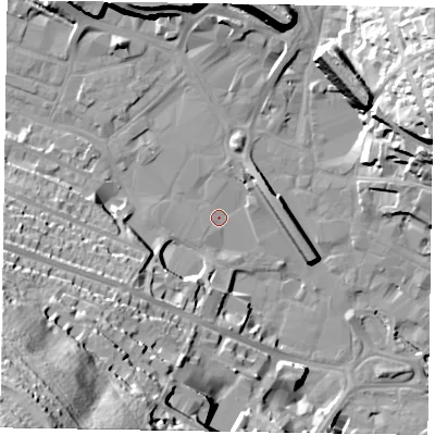 Shaded relief map of the ground around HP112BY, computed from Environment Agency LiDAR. The ground here sits at about 69 m above sea level and falls 73 m across the surrounding 800 m. Surface water reaching this point runs off ground lying to the south-west, 69.3 m higher.