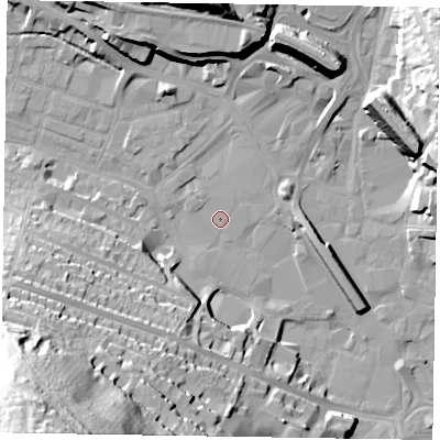 Shaded relief map of the ground around HP112BZ, computed from Environment Agency LiDAR. The ground here sits at about 70 m above sea level and falls 65 m across the surrounding 800 m. Surface water reaching this point runs off ground lying to the north, 20.7 m higher.