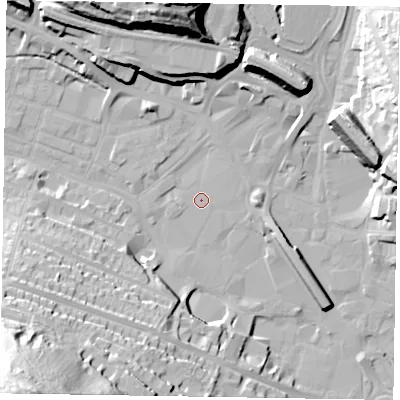 Shaded relief map of the ground around HP112DB, computed from Environment Agency LiDAR. The ground here sits at about 70 m above sea level and falls 60 m across the surrounding 800 m. Surface water reaching this point runs off ground lying to the north-north-west, 34.0 m higher.