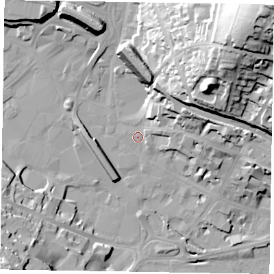 Shaded relief map of the ground around HP112DE, computed from Environment Agency LiDAR. The ground here sits at about 70 m above sea level and falls 63 m across the surrounding 800 m. Surface water reaching this point runs off ground lying to the east-north-east, 15.4 m higher.