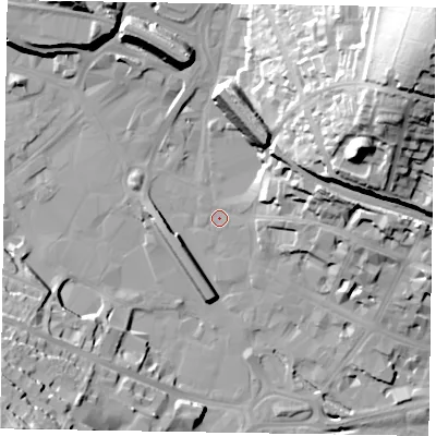 Shaded relief map of the ground around HP112DF, computed from Environment Agency LiDAR. The ground here sits at about 70 m above sea level and falls 59 m across the surrounding 800 m. Surface water reaching this point runs off ground lying to the north-east, 39.6 m higher.