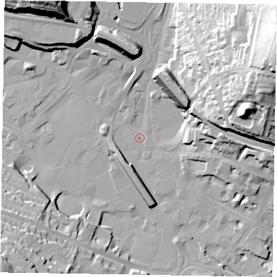 Shaded relief map of the ground around HP112DG, computed from Environment Agency LiDAR. The ground here sits at about 70 m above sea level and falls 50 m across the surrounding 800 m. Surface water reaching this point runs off ground lying to the north-east, 45.9 m higher.
