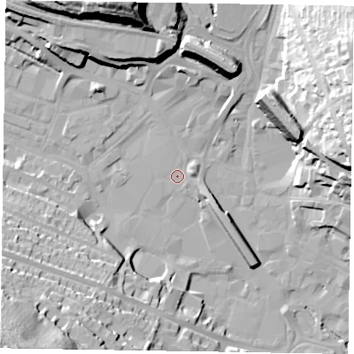 Shaded relief map of the ground around HP112DH, computed from Environment Agency LiDAR. The ground here sits at about 70 m above sea level and falls 59 m across the surrounding 800 m. The ground contributing surface water to this point lies to the east-south-east.