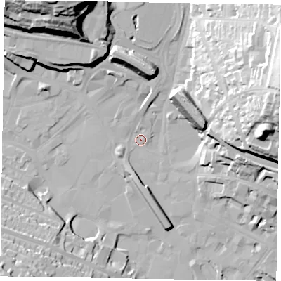 Shaded relief map of the ground around HP112DJ, computed from Environment Agency LiDAR. The ground here sits at about 70 m above sea level and falls 45 m across the surrounding 800 m. Surface water reaching this point runs off ground lying to the north-north-west, 40.5 m higher.
