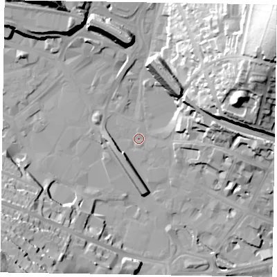 Shaded relief map of the ground around HP112DL, computed from Environment Agency LiDAR. The ground here sits at about 69 m above sea level and falls 54 m across the surrounding 800 m. Surface water reaching this point runs off ground lying to the north-east, 49.3 m higher.