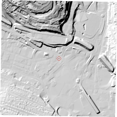 Shaded relief map of the ground around HP112ED, computed from Environment Agency LiDAR. The ground here sits at about 71 m above sea level and falls 63 m across the surrounding 800 m. Surface water reaching this point runs off ground lying to the north-north-west, 60.4 m higher.