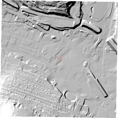 Shaded relief map of the ground around HP112EL, computed from Environment Agency LiDAR. The ground here sits at about 70 m above sea level and falls 54 m across the surrounding 800 m. Surface water reaching this point runs off ground lying to the south-south-west, 0.9 m higher.