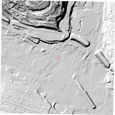 Shaded relief map of the ground around HP112EN, computed from Environment Agency LiDAR. The ground here sits at about 71 m above sea level and falls 61 m across the surrounding 800 m. Surface water reaching this point runs off ground lying to the north-north-west, 57.9 m higher.