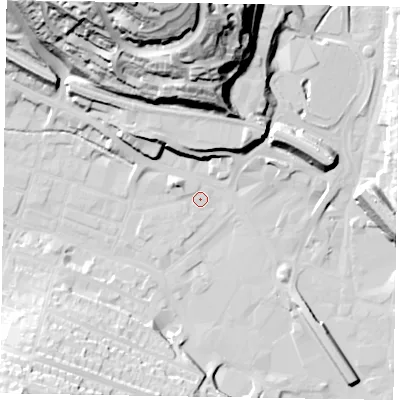 Shaded relief map of the ground around HP112EQ, computed from Environment Agency LiDAR. The ground here sits at about 71 m above sea level and falls 62 m across the surrounding 800 m. Surface water reaching this point runs off ground lying to the west-north-west, 4.7 m higher.