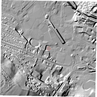 Shaded relief map of the ground around HP112GZ, computed from Environment Agency LiDAR. The ground here sits at about 68 m above sea level and falls 78 m across the surrounding 800 m. Surface water reaching this point runs off ground lying to the south-west, 74.9 m higher.