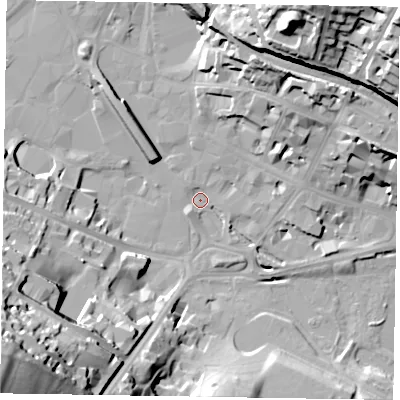 Shaded relief map of the ground around HP112HE, computed from Environment Agency LiDAR. The ground here sits at about 68 m above sea level and falls 59 m across the surrounding 800 m. Surface water reaching this point runs off ground lying to the south-west, 56.1 m higher.