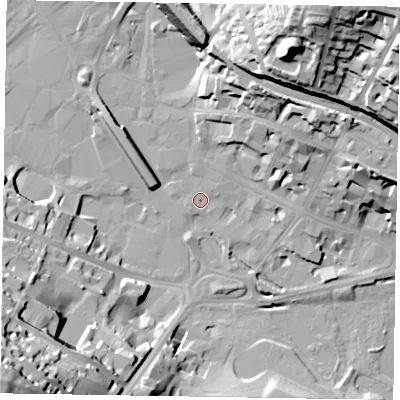 Shaded relief map of the ground around HP112HF, computed from Environment Agency LiDAR. The ground here sits at about 69 m above sea level and falls 58 m across the surrounding 800 m. Surface water reaching this point runs off ground lying to the north-east, 16.1 m higher.