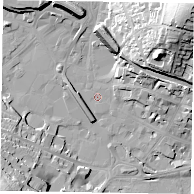 Shaded relief map of the ground around HP112HL, computed from Environment Agency LiDAR. The ground here sits at about 69 m above sea level and falls 58 m across the surrounding 800 m. Surface water reaching this point runs off ground lying to the north-east, 39.8 m higher.