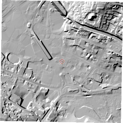 Shaded relief map of the ground around HP112HQ, computed from Environment Agency LiDAR. The ground here sits at about 69 m above sea level and falls 59 m across the surrounding 800 m. Surface water reaching this point runs off ground lying to the north-east, 15.8 m higher.