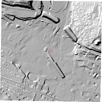 Shaded relief map of the ground around HP112HS, computed from Environment Agency LiDAR. The ground here sits at about 70 m above sea level and falls 46 m across the surrounding 800 m. Surface water reaching this point runs off ground lying to the west, 2.6 m higher.