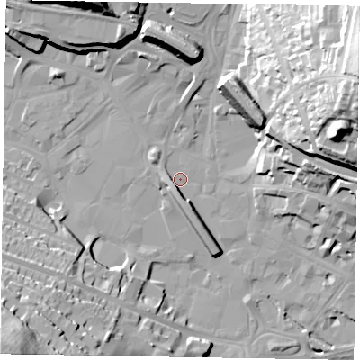 Shaded relief map of the ground around HP112HU, computed from Environment Agency LiDAR. The ground here sits at about 69 m above sea level and falls 55 m across the surrounding 800 m. Surface water reaching this point runs off ground lying to the south, 4.5 m higher.