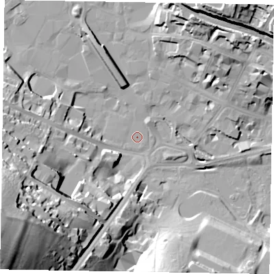 Shaded relief map of the ground around HP112JZ, computed from Environment Agency LiDAR. The ground here sits at about 68 m above sea level and falls 64 m across the surrounding 800 m. Surface water reaching this point runs off ground lying to the west, 2.8 m higher.