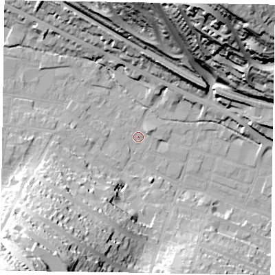 Shaded relief map of the ground around HP112LU, computed from Environment Agency LiDAR. The ground here sits at about 73 m above sea level and falls 67 m across the surrounding 800 m. Surface water reaching this point runs off ground lying to the north-west, 0.7 m higher.