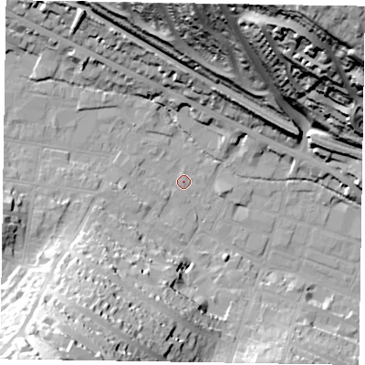 Shaded relief map of the ground around HP112LY, computed from Environment Agency LiDAR. The ground here sits at about 73 m above sea level and falls 70 m across the surrounding 800 m. Surface water reaching this point runs off ground lying to the south-west, 45.7 m higher.