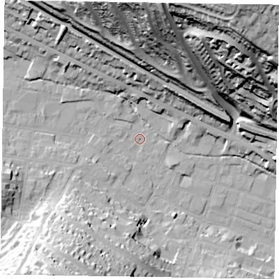 Shaded relief map of the ground around HP112NA, computed from Environment Agency LiDAR. The ground here sits at about 73 m above sea level and falls 74 m across the surrounding 800 m. Surface water reaching this point runs off ground lying to the west-north-west, 1.2 m higher.