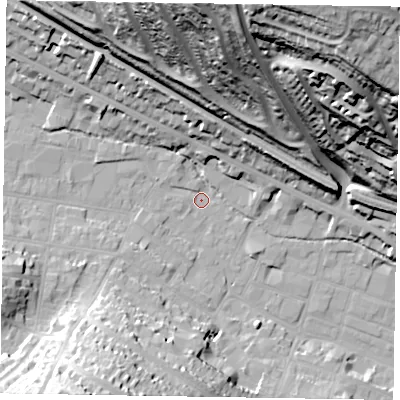 Shaded relief map of the ground around HP112NB, computed from Environment Agency LiDAR. The ground here sits at about 73 m above sea level and falls 76 m across the surrounding 800 m. Surface water reaching this point runs off ground lying to the north-west, 1.9 m higher.