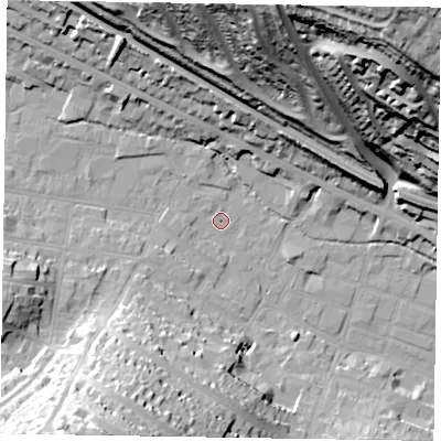 Shaded relief map of the ground around HP112NF, computed from Environment Agency LiDAR. The ground here sits at about 73 m above sea level and falls 73 m across the surrounding 800 m. Surface water reaching this point runs off ground lying to the south-west, 37.8 m higher.