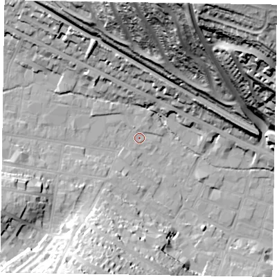 Shaded relief map of the ground around HP112NH, computed from Environment Agency LiDAR. The ground here sits at about 73 m above sea level and falls 76 m across the surrounding 800 m. Surface water reaching this point runs off ground lying to the north-north-west, 33.1 m higher.