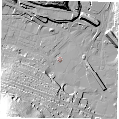 Shaded relief map of the ground around HP112NZ, computed from Environment Agency LiDAR. The ground here sits at about 70 m above sea level and falls 61 m across the surrounding 800 m. Surface water reaching this point runs off ground lying to the east-north-east, 0.7 m higher.