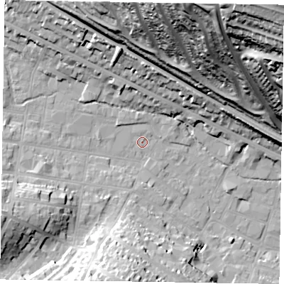 Shaded relief map of the ground around HP112PF, computed from Environment Agency LiDAR. The ground here sits at about 74 m above sea level and falls 77 m across the surrounding 800 m. Surface water reaching this point runs off ground lying to the north, 0.6 m higher.