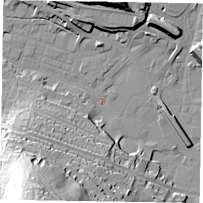 Shaded relief map of the ground around HP112PR, computed from Environment Agency LiDAR. The ground here sits at about 70 m above sea level and falls 63 m across the surrounding 800 m. Surface water reaching this point runs off ground lying to the south-west, 55.4 m higher.