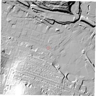 Shaded relief map of the ground around HP112PU, computed from Environment Agency LiDAR. The ground here sits at about 70 m above sea level and falls 54 m across the surrounding 800 m. Surface water reaching this point runs off ground lying to the south-south-west, 51.3 m higher.