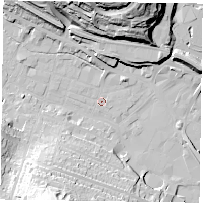 Shaded relief map of the ground around HP112PX, computed from Environment Agency LiDAR. The ground here sits at about 71 m above sea level and falls 53 m across the surrounding 800 m. Surface water reaching this point runs off ground lying to the north, 41.1 m higher.